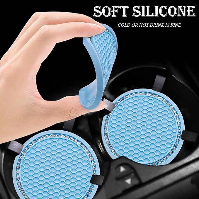 2PCS Bling Cup Holder Coaster, 2.75 Inch Auto Car Cup Holder Insert Coasters, Soft Silicone Anti-Slip Shockproof, Universal Vehicle Interior Accessories for Women Girls (Light Blue & White)