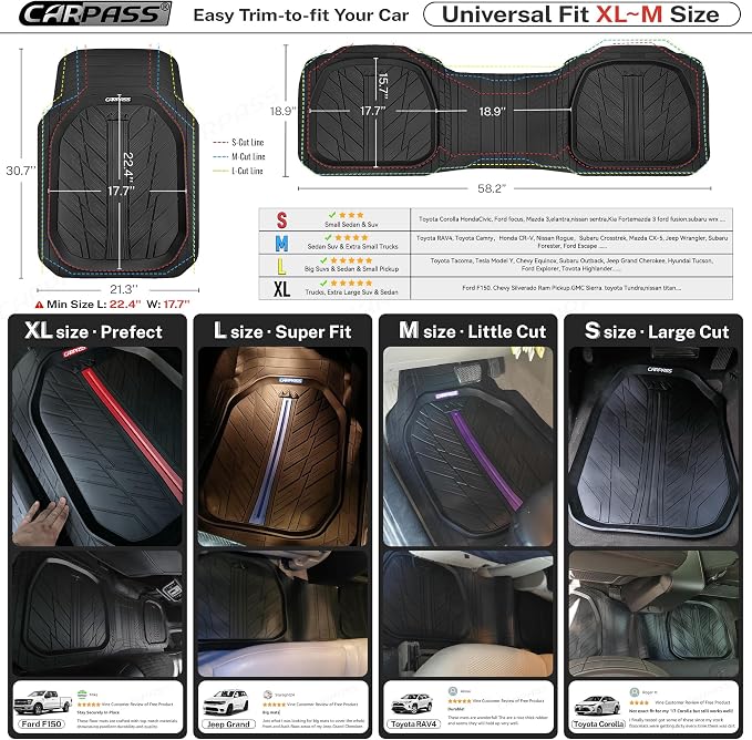 CAR PASS Tire Tread DeepDish Rubber Floor Mats for car Heavy Duty car mats All Weather, Universal XL~M Trim to Fit for Truck SUV Vehicle Automotive, Waterproof car mats 3 Piece (Purple Black)