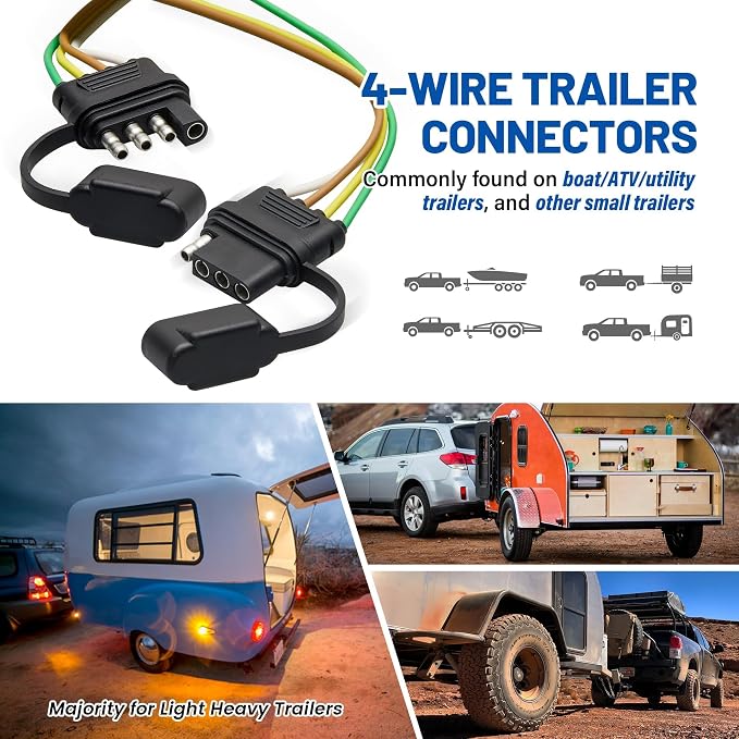 MECMO 4 Pin Trailer Wiring Harness w/Dust Cover, 16AWG 48-Inch Vehicle-Side and 25-Inch Trailer-Side 4-Way Flat Trailer End Connector Truck Trailer Light Plug Socket 4 Prong Male Female Replacement