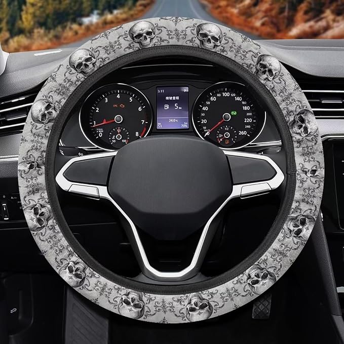 AFPANQZ Steering Wheel Protection for Most Cars Interior Accessories | Skull Bat Grey Automotive Steering Wheel Cushion, Halloween Decor, Anti-slip Universal 14-15 inch, Easy Install