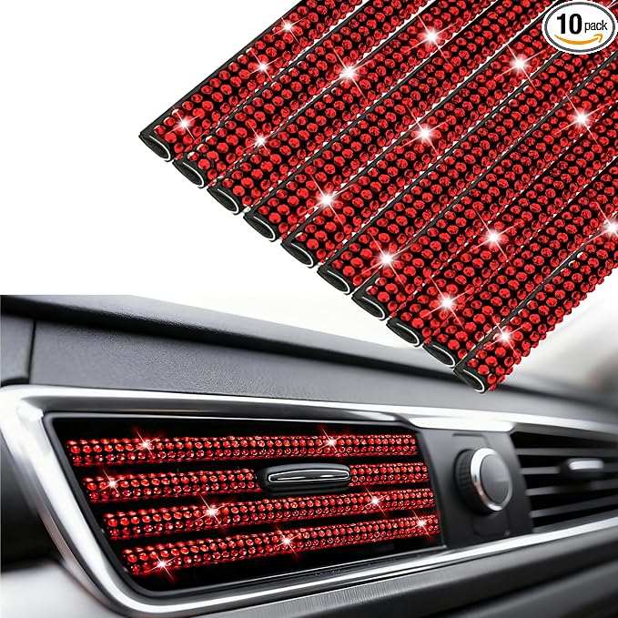 NBTEPEM Bling Car Air Conditioner Decoration Strip for Vent Outlet, 10 PCS Universal Rhinestone Car Vent Outlet Trim Decorations, Bling Interior Accessories for Women and Girls (Red)