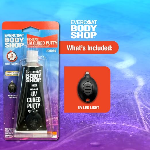 Evercoat Body Shop 105069 UV Cured Putty Ultra Fast Cure, Repairs Small Chips, Dings & Scratches on Cars & More, No Mixing, UV Light Included