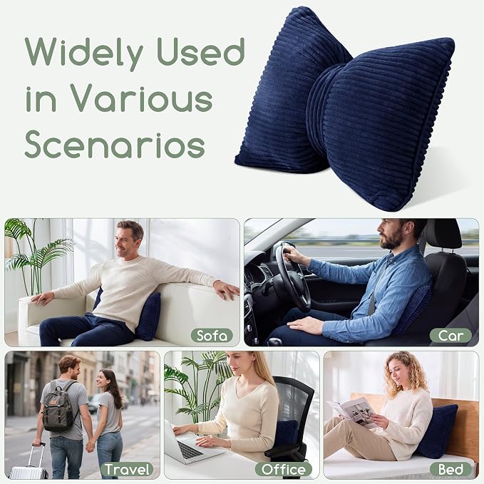 HIGOGOGO Lumbar Support Pillow for Recliner Chair, Bow Knot Shaped Back Support Cushion, Striped Corduroy Soft Decorative Lumbar Pillow for Office Chair, Sofa, Car, Bed, Living Room - Navy