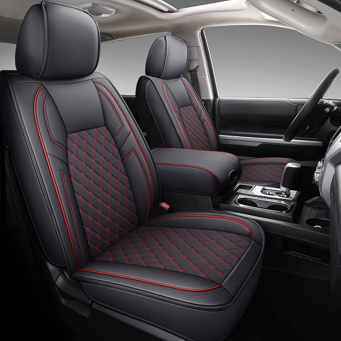 Coverado Toyota Tundra Seat Covers, Leather Car Seat Covers Full Set Automotive Seat Covers Protector Compatible with 2007-2021 Toyota Tundra Crew/Crewmax/Extended/Double Cab(Red)
