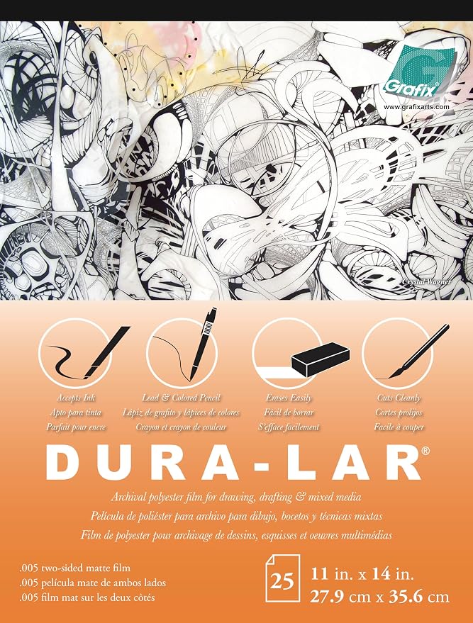 Grafix Dura-Lar 0.005" Film, Matte, Translucent 11"x14", Economical Alternative to Drafting Film, Mylar and Acetate, Translucent Drawing Surface for Lead, Ink, Charcoal and Paint, Pad of 25 Sheets