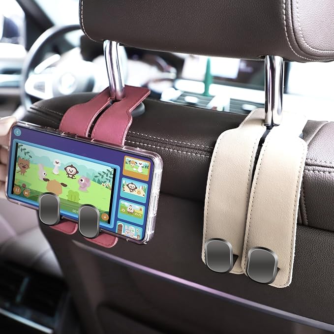 Amelity Car Headrest Hooks, Purse Hook for Car 4 Pack Beige | Universal Car Interior Accessories for Women, Available in 2/4 Pack, Storage Hanger Holds Purses, Backpacks, Grocery Bags