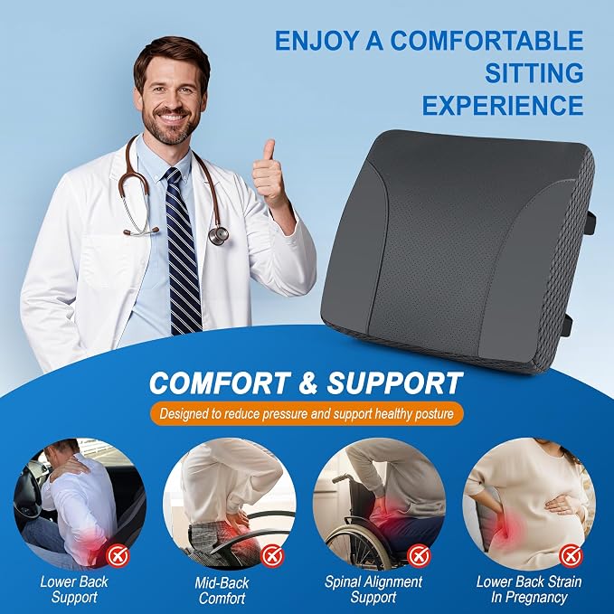 Allaboutsla Lumbar Support Pillow for Car, Car Seat Back Support | Memory Foam Car Lumbar Pillow, Back Support for Pain Relief, Dual Adjustable Straps, Back Cushion for Car Office Chair, Black