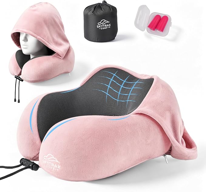 SkytraxComf® Travel Neck Pillow with Hood for Privacy on Long Flights | Memory Foam | Airplane Sleep | Safety-Tested Materials | Extra Large Hood | Chin Support | Earplugs | Washable Cover