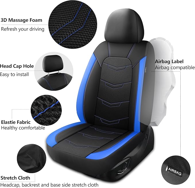 HChengkikz Car Seat Cover, Breathable and Sporty (Black + Blue) | Leather, Universal Fit for Most SUVs, Cars, Sedans, Trucks, Airbag Compatible, Easy to Install