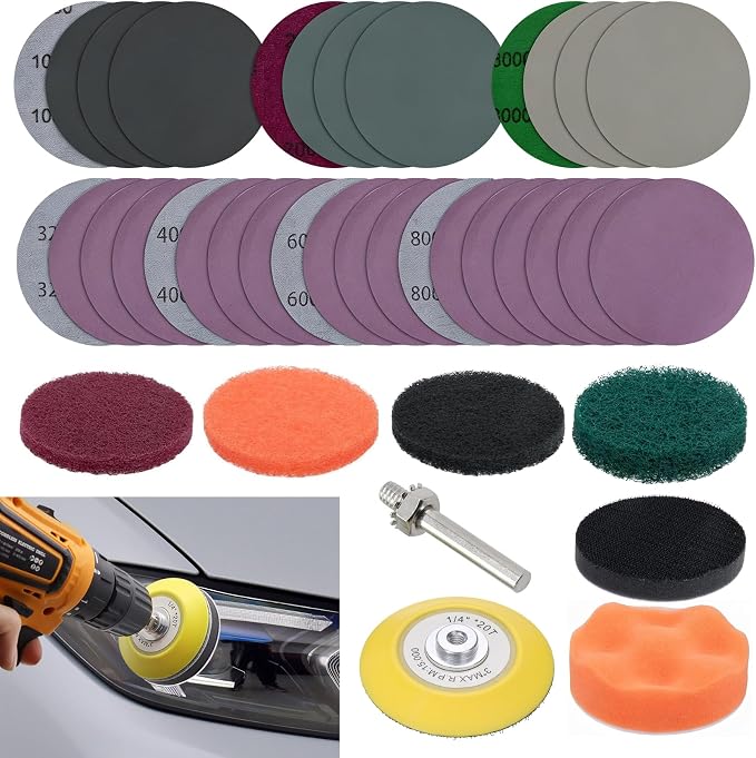 38PCS Car Headlight Restoration Kit, 3 Inch Mixed Sandpaper Set, Headlight Polishing Kit Include Sanding Disc Scouring Pad Polishing Pad for Drill, Universal Car Headlight Renewer Kit