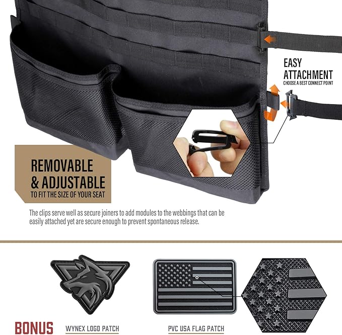 WYNEX Molle Seat Back Car Organizer Fit Most Car F150 Jeeps Pickups Trucks | 26.4x16.1" Backseat Storage Cover, Truck Seat Back Protector, Sling Rack, Visual Pocket & Wolf Patch for Road Trips