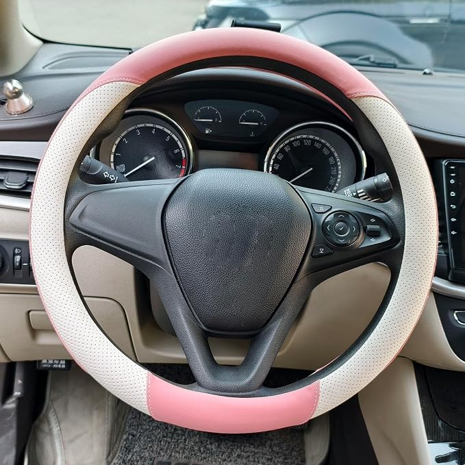 Breathable Perforated Leather Steering Wheel Cover, Universal 15-inch car Steering Wheel Grip, Soft and Comfortable, Breathable and Non-Slip, Suitable for sedans, Vans, SUVs (Pink)