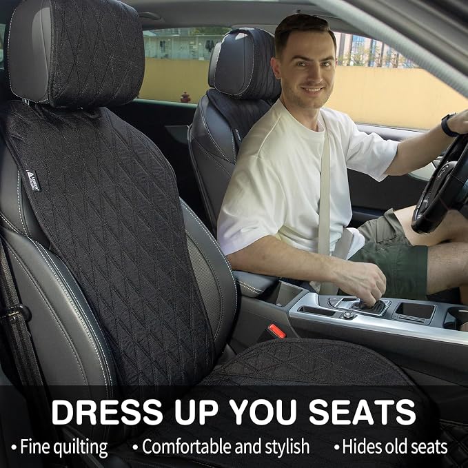 Leader Accessories 2pcs Sideless Front Seat Covers for All Seasons, Black | Breathable Faux Linen Seat Cushions, Non-Slip Bottom With Headrest Protectors, Universal Fit For Car Van SUV Pickup Truck