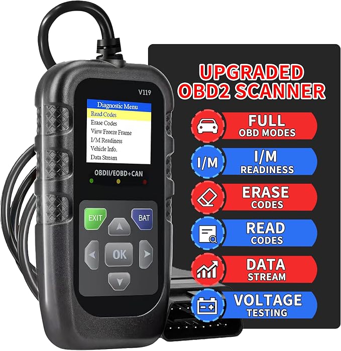 Car OBD2 Scanner Diagnostic Tool, Code Reader, Voltage Tester, Check Engine Light Fault Code, OBD2/EOBD for OBDII Protocol Car & Truck Since 1996+
