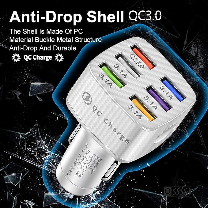 Amiss Car Charger Adapter, 6 USB Multi Port, Fast Charger, Include QC 3.0 and 5 Other Ports, Car Interior Accessories, Fit for iPhone 17/16/15/14/13Pro Max, Samsung, Android (White 2pcs)