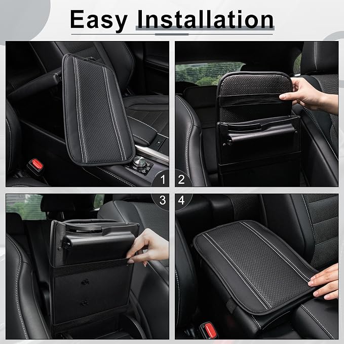 Amiss Car Center Console Cover, Upgraded Leather Car Armrest Cushion, Universal Waterproof Cushion Pad, Non-Slip Car Interior Accessories, Fits Most Sedans SUVs Trucks (Black-Slivery)