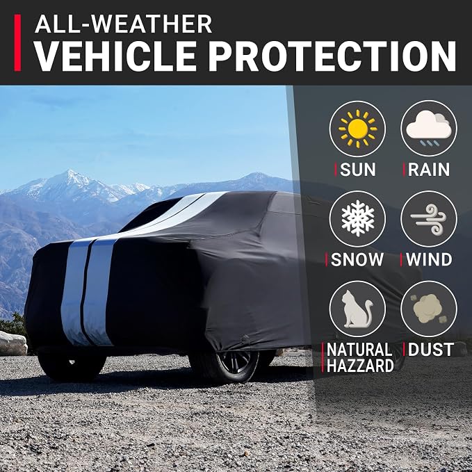 iCarCover Premium Plus Truck Cover Waterproof All Weather Rain Snow UV Protection Full Car Covers, Ram 1500, 2500, 3500, Mega cab 6'4" Standard Bed, Size T89 (See Size Chart) Stripe - Black/Gray
