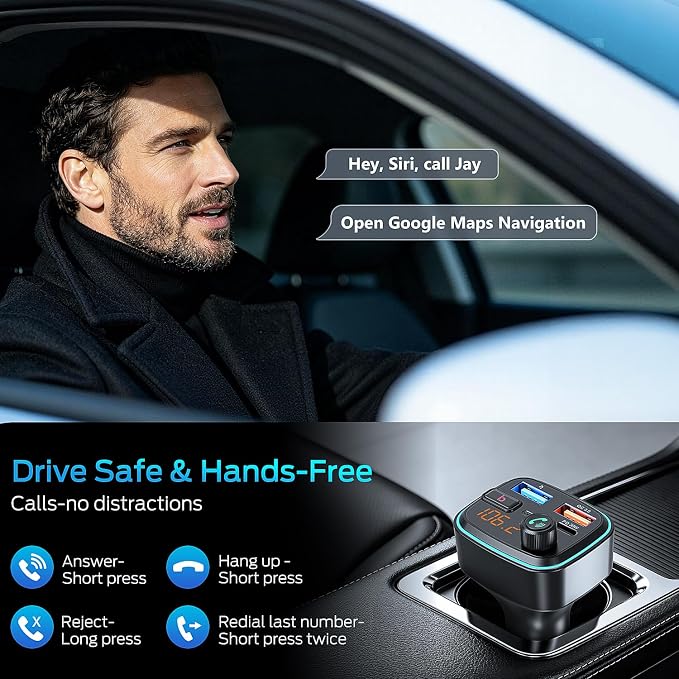 Bluetooth 5.4 Car Adapter, 48W Fast Charging Bluetooth Adapter for Car, Wireless FM Transmitter with Deep Bass Player, Hands-Free Calling & Audio Receiver, Support USB Drive