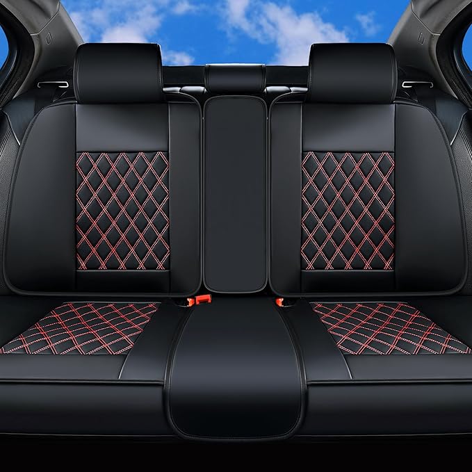 Huidasource Rear Seat Cover, Nappa Leather Back Seat Cover Velcro Adjustable, Compatible with Armrests, Seat Belts, Child Safety Seats, Fit for Most Cars SUVs Trucks (Back Row/Black&Red)
