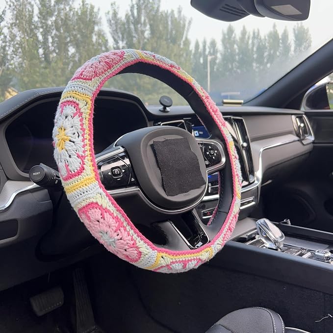 Handmade Crochet Pink Fower Granny Square Car Steering Wheel Covers Universal 14-15 inch for Women and Men (Steer Wheel Cover)