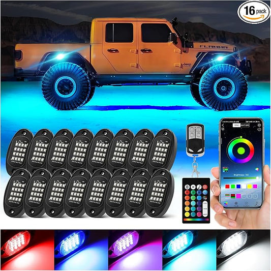 16 Pods RGB LED Rock Lights for Semi Trucks Offroad Pickup Trailer Sedan, Segmented Change Color Underglow Lights Kit with APP/RF Control, 12V Waterproof Neon Multicolor Vehicle Underbody Light