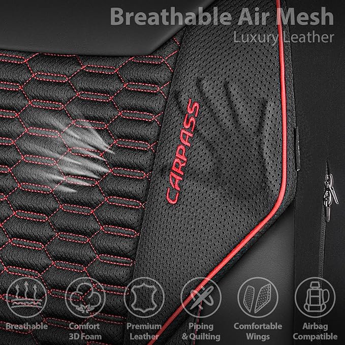 CAR PASS 3D Foam Mesh Leather Car Seat Covers Front Seats, Air Cool Mesh Front Seat Covers for Car, Universal Fit for SUV Truck Sedan Automotive, Armrest Airbag Compatible,Black and Red