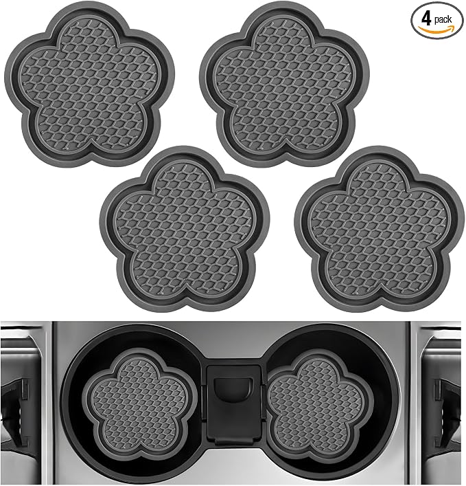 DXNQ 4 PCS Car Cup Coasters, Cute Flower Shaped Car Cup Holder Mat, PVC Waterproof Anti Slip Vehicle Cup Holder Insert Coaster, Universal Car Interior Decor Accessories (Gray)