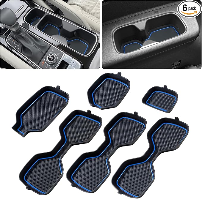 Cup Holder Coaster for Kia Telluride Accessories 2020-2022 2023 2024 2025 | 3D Silicone Cup Holder Insert Mat, Non-slip Center Console Pad, Car Interior Accessories Decoration, Blue Trim, 6pcs Kit