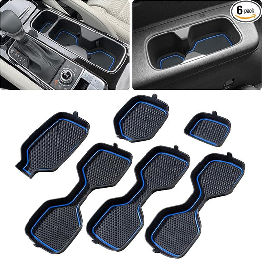 Cup Holder Coaster for Kia Telluride Accessories 2020-2022 2023 2024 2025 | 3D Silicone Cup Holder Insert Mat, Non-slip Center Console Pad, Car Interior Accessories Decoration, Blue Trim, 6pcs Kit
