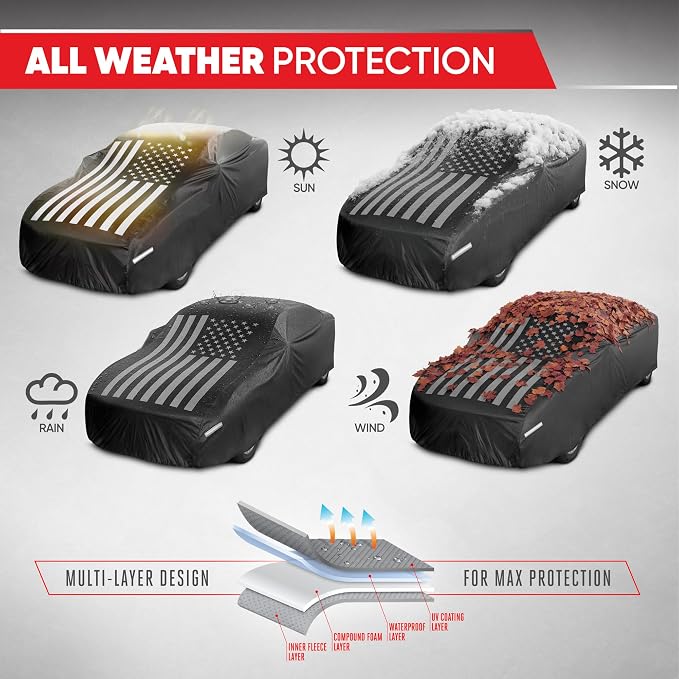 Motor Trend Black USA Flag Waterproof Car Cover - All Weather Outdoor Protection, UV Resistant, Windproof, Scratchproof - Semi-Universal Fit Sedan Full Car Cover for Sun Rain Snow (191”- 210” Length)