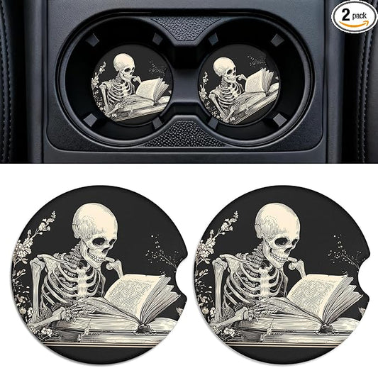 Car Cup Holder Ceramic Coasters 2 Pack, 2.56 in Anti Slip Absorbent Coaster with Cork Base and Finger Notch, Funny Cute Car Accessories Interior for Women, Skeleton Man