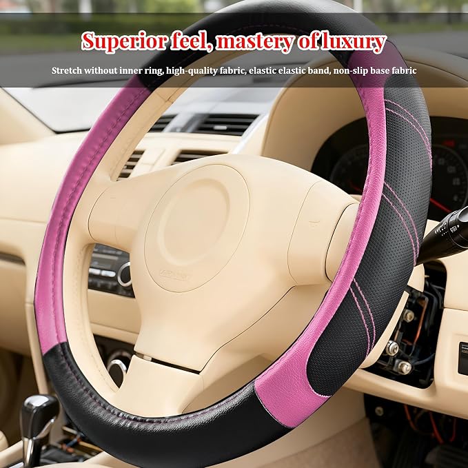 Car Steering Wheel Cover, 14.5-15" Non-Slip Soft Leather Breathable Sporty Steering Wheel Protector, Comfortable Automotive Interior Protection Accessories, Universal for Vehicles (Pink)