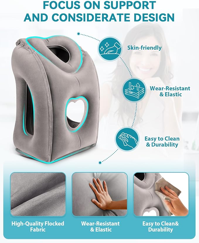 Inflatable Travel Pillow, Airplane Neck Pillow Comfortably Supports Head and Chin for Airplanes, Trains, Cars Office Napping on The Tray Table (Grey)