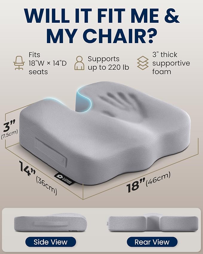 5 STARS UNITED Seat Cushion - Memory Foam Chair Cushion for Tailbone Pain Relief - Ergonomic Support for Coccyx, Sciatica & Butt - Office, Desk & Gaming Chair, Car Seat, Wheelchair, Airplane, L Gray
