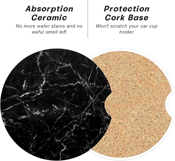 Aiawoxc Car Cup Holder Coasters, 2 Pack Universal Auto Anti Slip Insert Coaster with A Finger Notch, Cup Mat for Most Car Interior, Black Marble