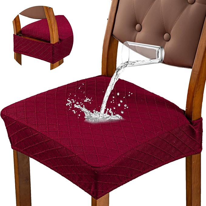Genina Waterproof Seat Covers for Dining Room Chairs Covers Dining Chair Slipcovers Protector, No Rear Covers (Wine Red, 6 Pcs)