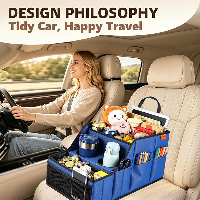 Car Seat Organizer Back Front Captains Seats Storage Travel | Car Organizer, Back Seat Car Organizer, Car Seat Organizer Front Seat – 9 Compartments, 2 Cup Holders – Foldable