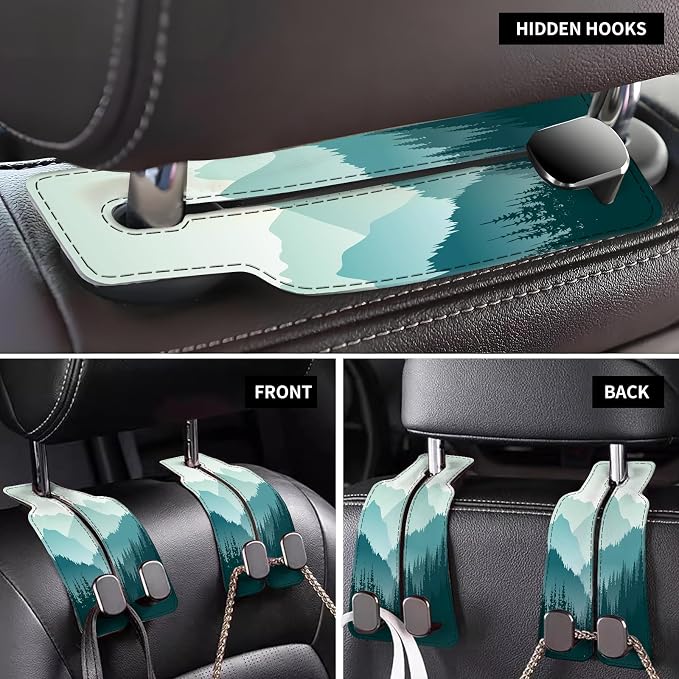 Car Seat Back Storage Headrest Hook, Premium Leather Double Metal Hook, Hanger Storage Organizer for Purse Cloth Bag, Car Interior Accessories Beautiful Blue Mountain