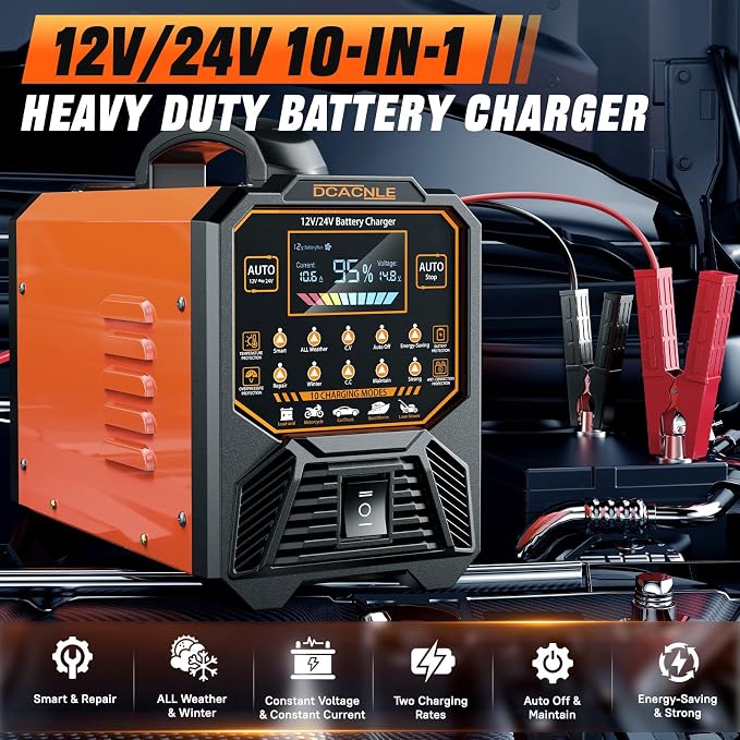 DCACNLE 12V/24V 0-15A Car Battery Charger Heavy Duty, Smart Trickle Charger | Automatic Maintaine, Desulfator with Overcharge Protection & Auto Shutoffs,Suitable for Various Vehicles&Lead Acid Batteries