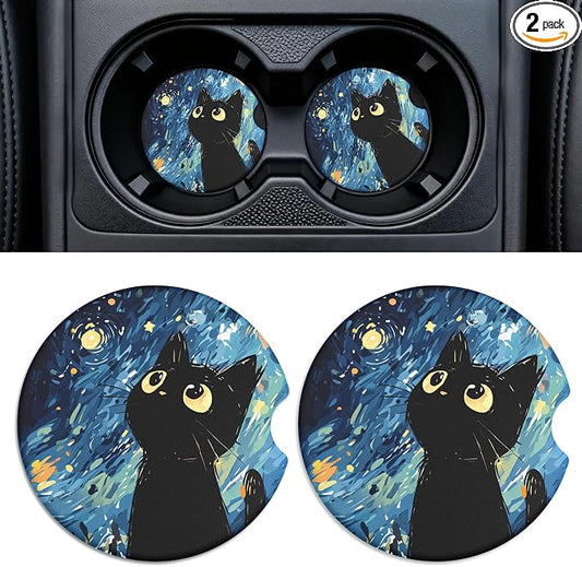 Car Cup Holder Ceramic Coasters 2 Pack, 2.56 in Anti Slip Absorbent Coaster with Cork Base and Finger Notch, Funny Cute Car Accessories Interior for Women, Black Cat