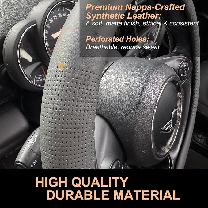 PINCTROT Large Size Nappa Leather Steering Wheel Cover, Slim Fit No Bulk Design, One Piece Leather with Breathable Perforation, Fit Like Gloves, 15.5-15.75 Inch(Nappa Dark Gray)