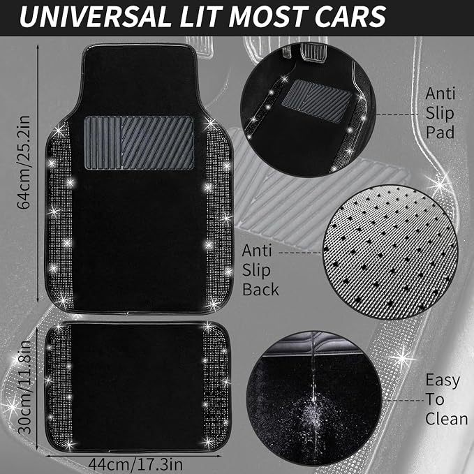 NBTEPEM Black Bling Car Floor Mats Full Set, Universal Fit Most Cars,SUV, Trucks, 4 pcs Sparkle Glitter Diamond Carpet for Women Girls with Anti-Slip Pad (Black Diamond)