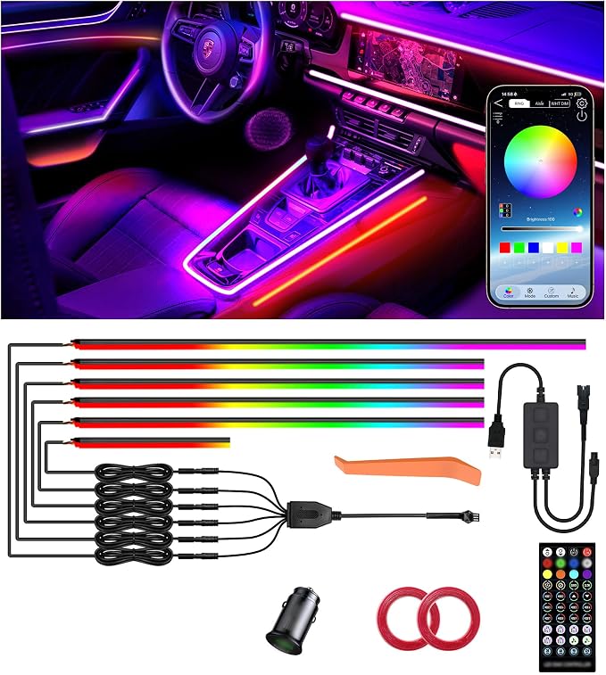 KENANEK 6in1 Tesla Interior Lights, 5V USB & Type-C Powered–Dreamcolor Acrylic Interior Car LED Strip Lights,Music Sync, OEM-Style Ambient Lighting with Dreamcolor Effects, Dual USB Cigarette Lighter
