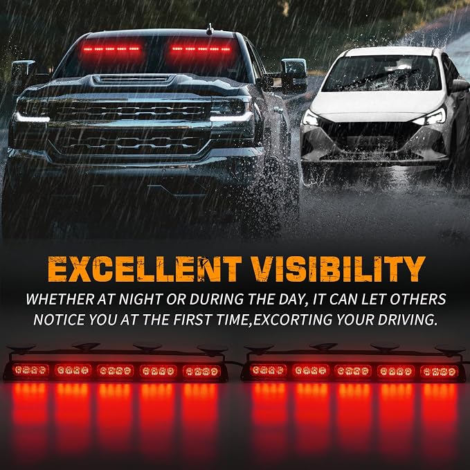 XRIDONSEN 2x 17 inch Red Emergency Lights 40 LED Dash Visor Light Bar | Interior Front/Rear Windshield Strobe Lights Safety Flashing Warning Hazard for Vehicles Trucks Car