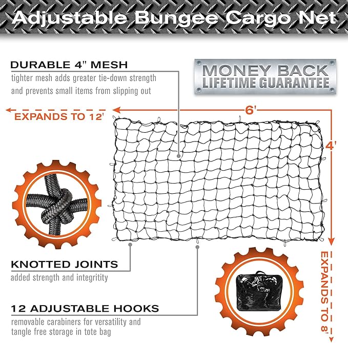 Cargo Net for Pickup Truck Bed, 4' x 6' Stretches to 8' x 12' Heavy Duty Small 4”x4” Latex Bungee Net Mesh for Road Trip, Compatible with Dodge Ram, Chevy Ford, Toyota