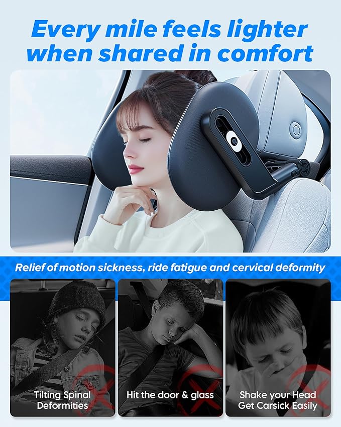 RunSnail Car Headrest Pillow, 360° Rotating Travel Headrest, Memory Foam | 3-Point Linkage Adjustable Design, Thickened Breathable Memory Foam, Travel Car Sleeping Pillow for Kids & Adults