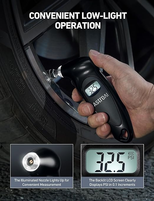 AstroAI Digital Tire Pressure Gauge 0-150PSI Calibrated to ANSI B40.7 +/-1PSI, Accurate in 0.1 Increments, Tire Repair Tools 4 Pressure Measurements for Car Truck with Backlight LCD, Black