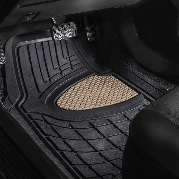 FH Group Premium Liners Tall Channel Trimmable All Weather Rubber Full Set Car Floor Mats (Beige) w. Trimmable All-Season Cargo Liner (Black) - Universal Fit for Cars Trucks and SUVs