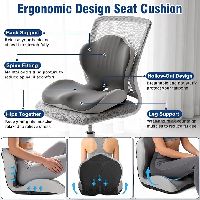Car Seat Cushion with Lumbar Support Pillow, Memory Foam Office Chair Cushion for Back Pain Sciatica Pain Relief, Ergonomic L-Shaped Seat Cushion for Car Truck Driving Office Chair Home (Back Gray)