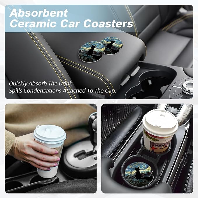 Aesthetic Black Cat Car Coasters for Cup Holders,2 Pack Car Cup Holder Coasters for Car,Ceramic Absorbent Car Coaster with A Finger Notch and Cork Base,Car Interior Accessories for Women Men